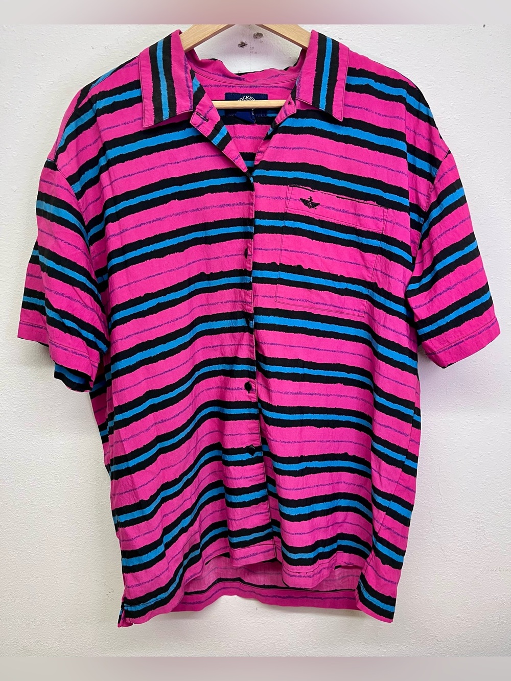 Dockers Vintage Striped Button Down Shirt M Neon Pink Blue 90s